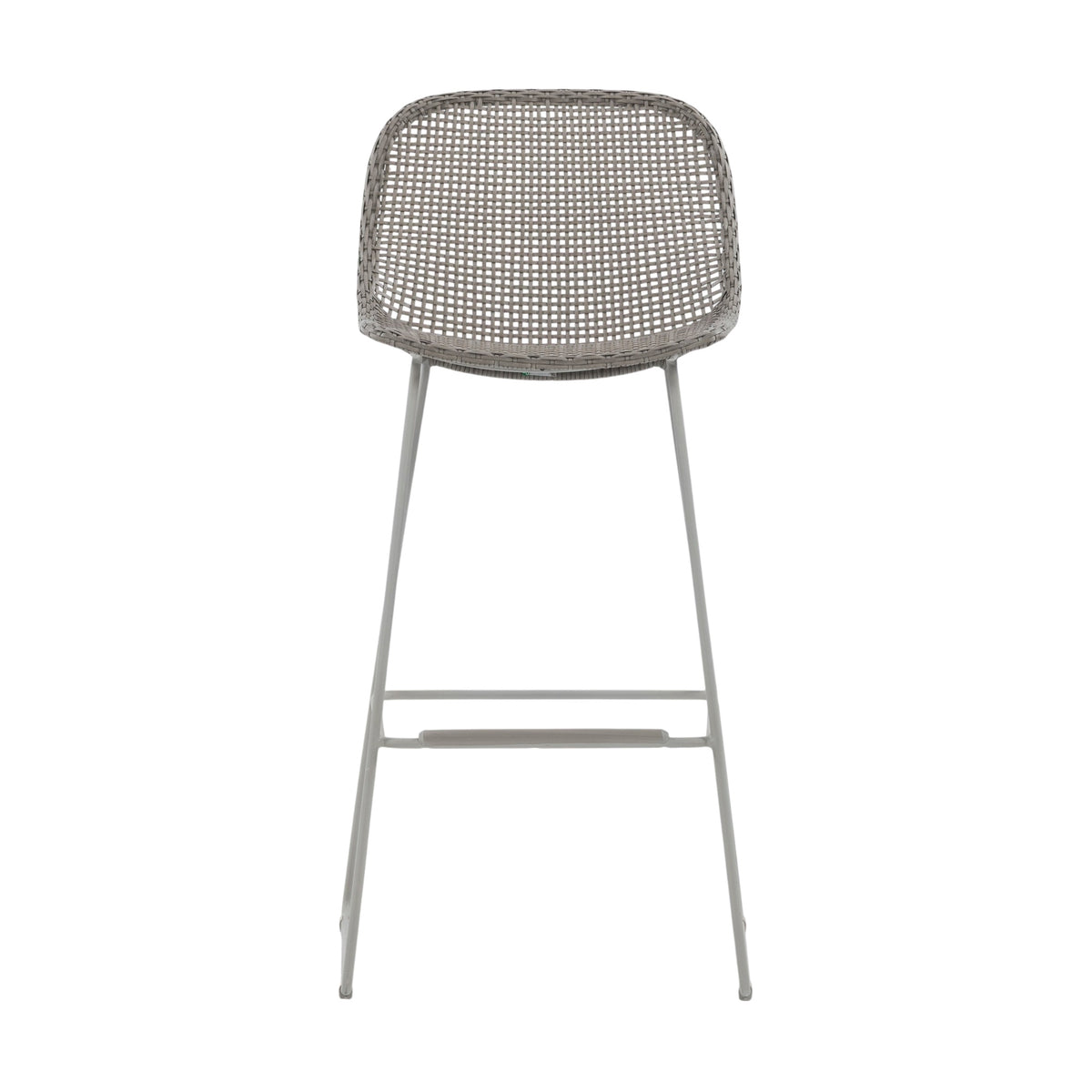 Turin Outdoor Bar Stool with pebble-coloured woven wicker seat and curved backrest, linen metal frame and integrated footrest. Front view.