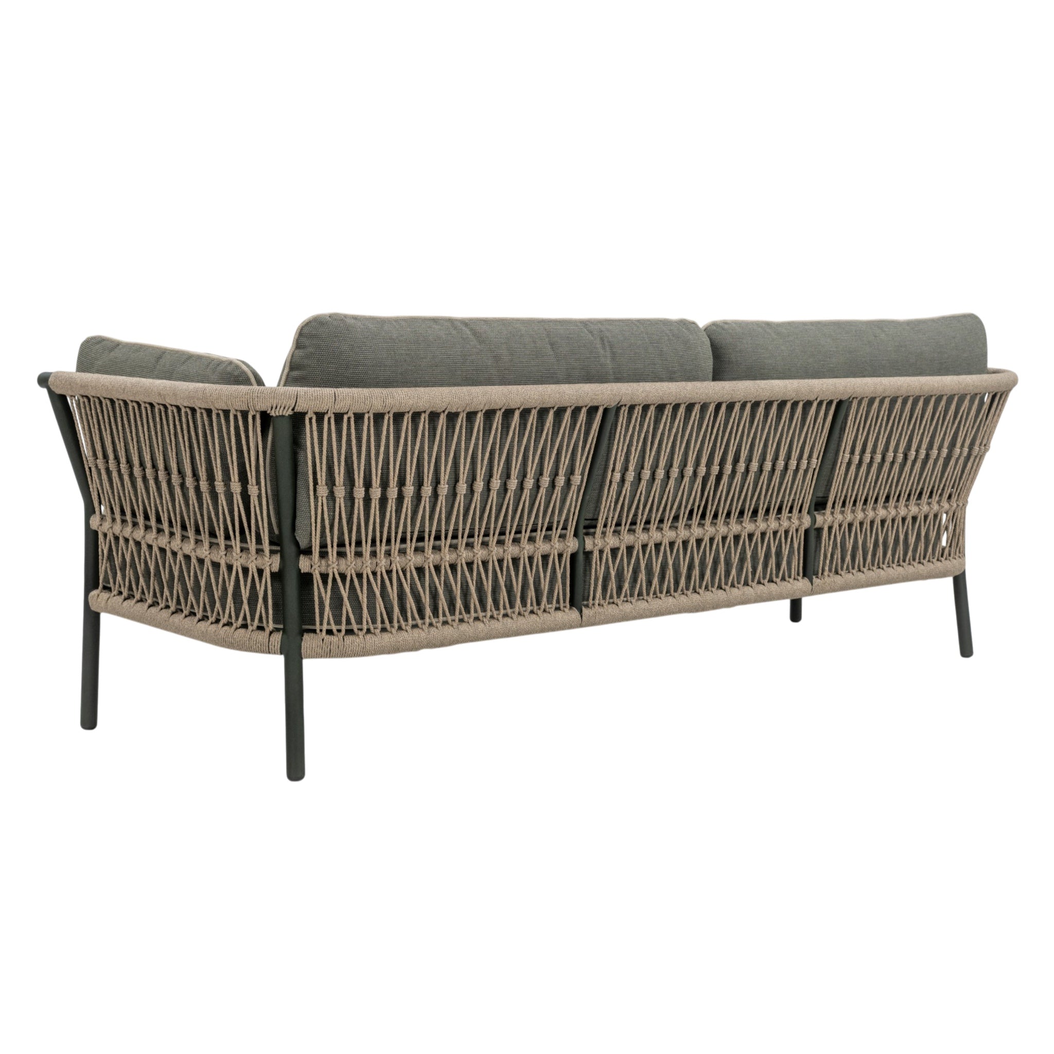Back angle view of Valencia Outdoor three-seater sofa with taupe rope-woven backrest, dark aluminium frame and grey cushions with contrasting piping with white background.