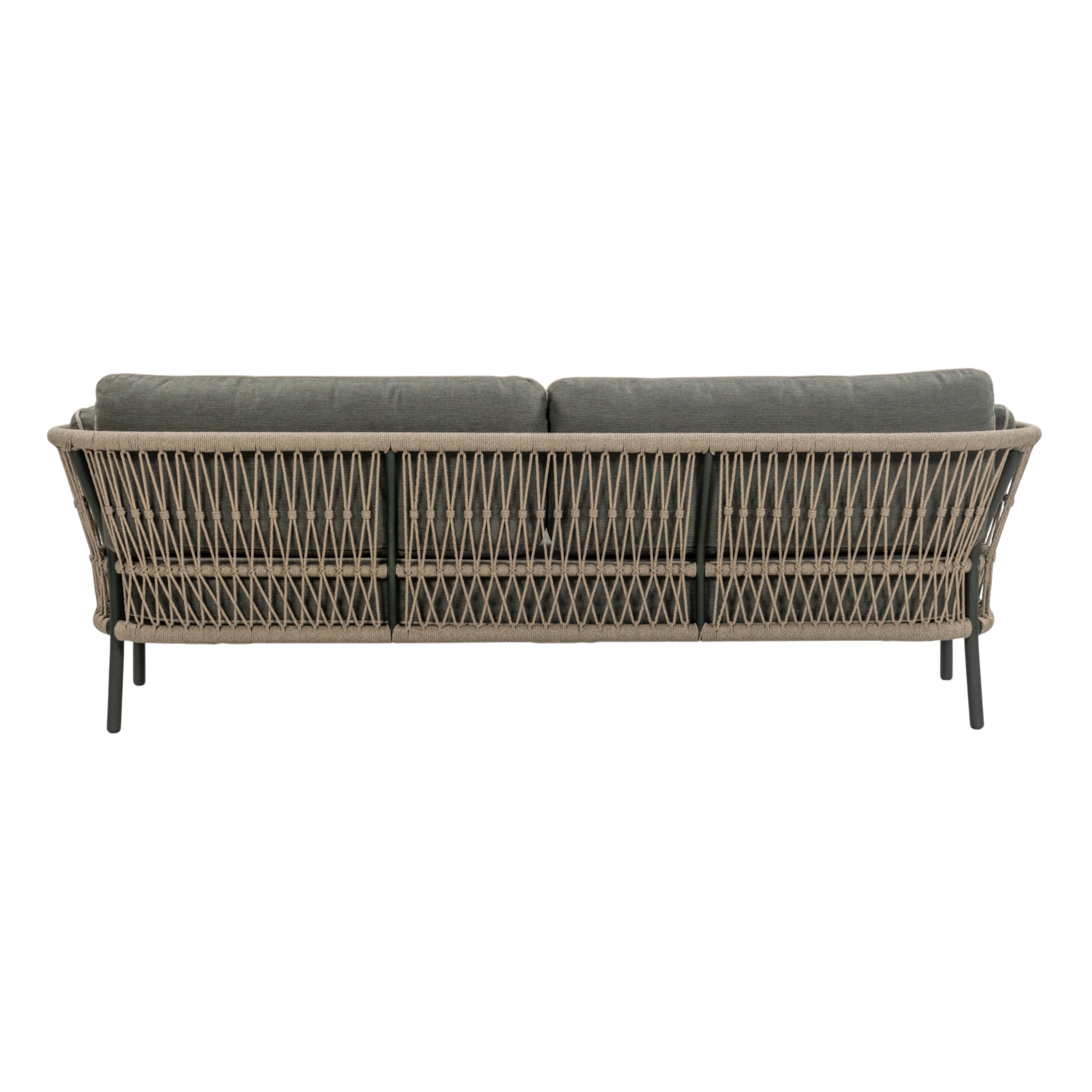 Back view of Valencia Outdoor three-seater sofa with taupe rope-woven backrest, dark aluminium frame and grey cushions with contrasting piping with white background.