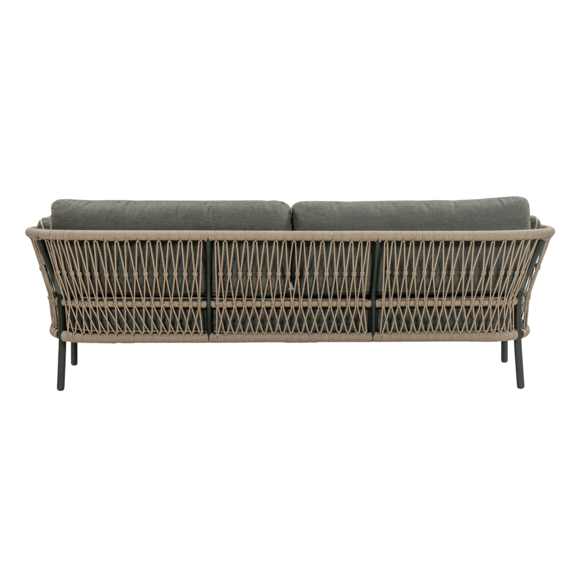 Back view of Valencia Outdoor three-seater sofa with taupe rope-woven backrest, dark aluminium frame and grey cushions with contrasting piping with white background.