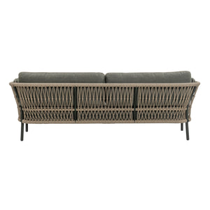 Back view of Valencia Outdoor three-seater sofa with taupe rope-woven backrest, dark aluminium frame and grey cushions with contrasting piping with white background.