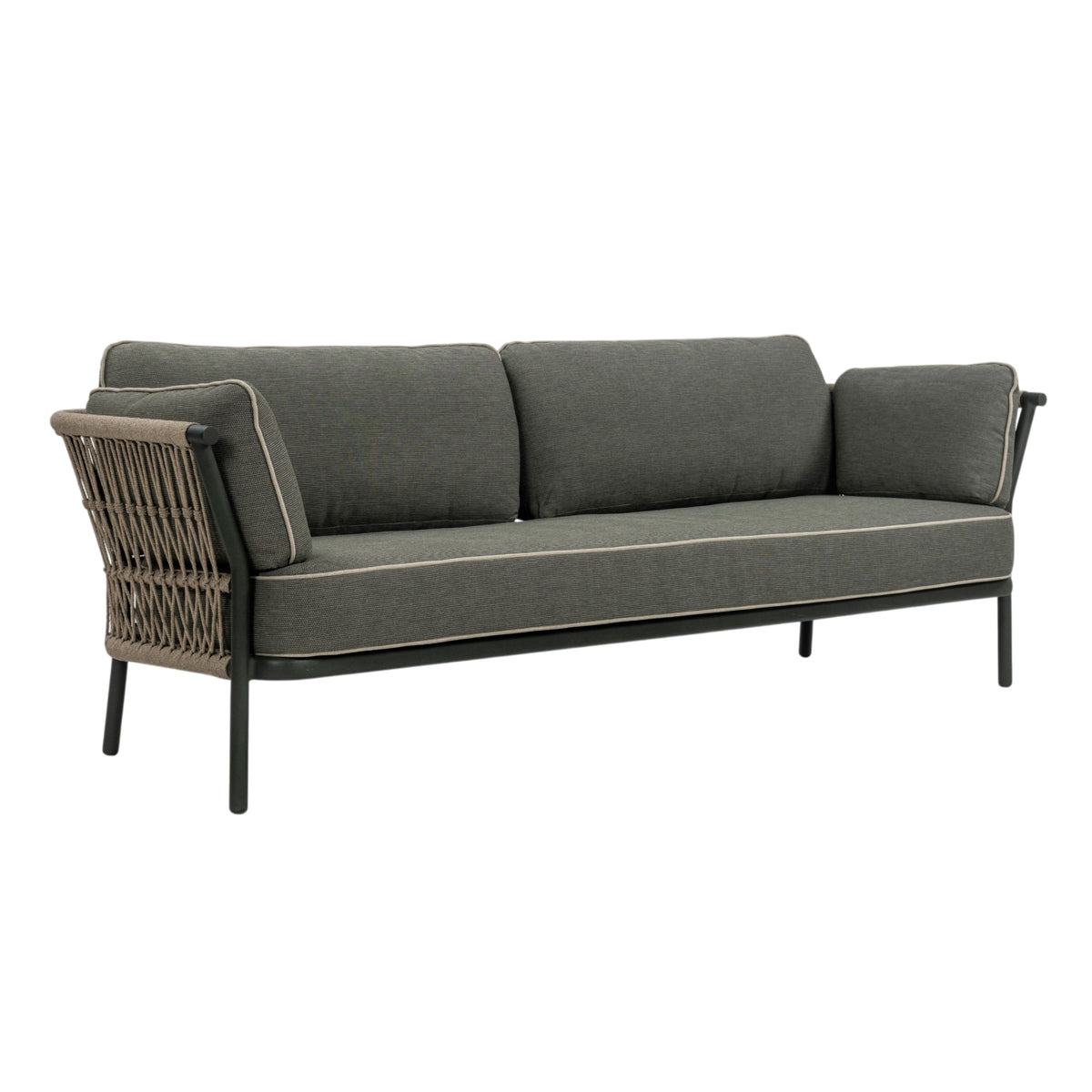 Valencia Outdoor three-seater sofa with taupe rope-woven backrest, dark aluminium frame and grey cushions with contrasting piping with white background.