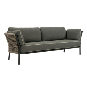 Valencia Outdoor three-seater sofa with taupe rope-woven backrest, dark aluminium frame and grey cushions with contrasting piping with white background.