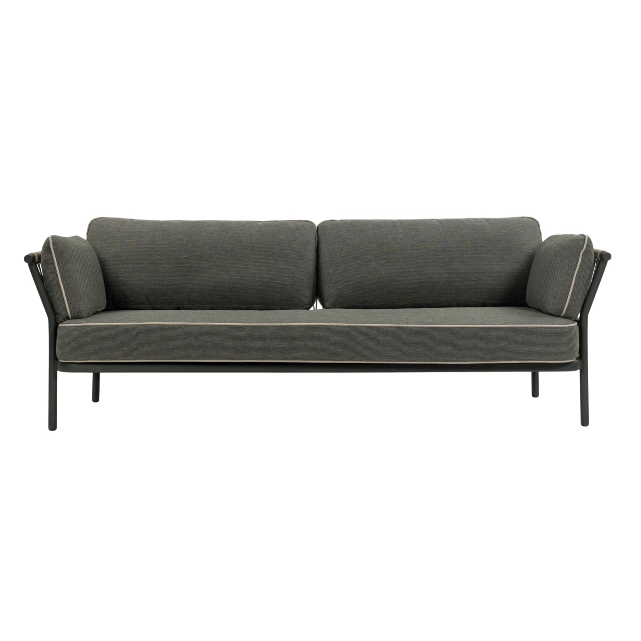 Front view of Valencia Outdoor three-seater sofa with taupe rope-woven backrest, dark aluminium frame and grey cushions with contrasting piping with white background.