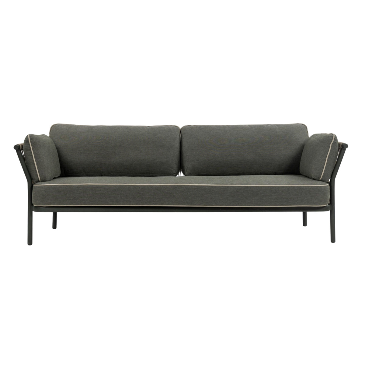 Front view of Valencia Outdoor three-seater sofa with taupe rope-woven backrest, dark aluminium frame and grey cushions with contrasting piping with white background.