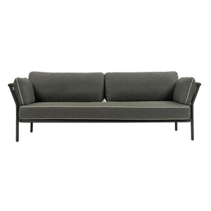 Front view of Valencia Outdoor three-seater sofa with taupe rope-woven backrest, dark aluminium frame and grey cushions with contrasting piping with white background.