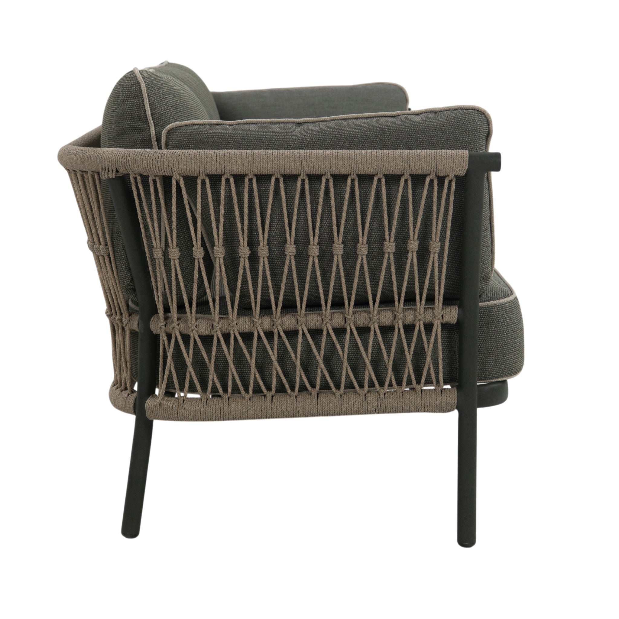 Side view of Valencia Outdoor three-seater sofa with taupe rope-woven backrest, dark aluminium frame and grey cushions with contrasting piping with white background.