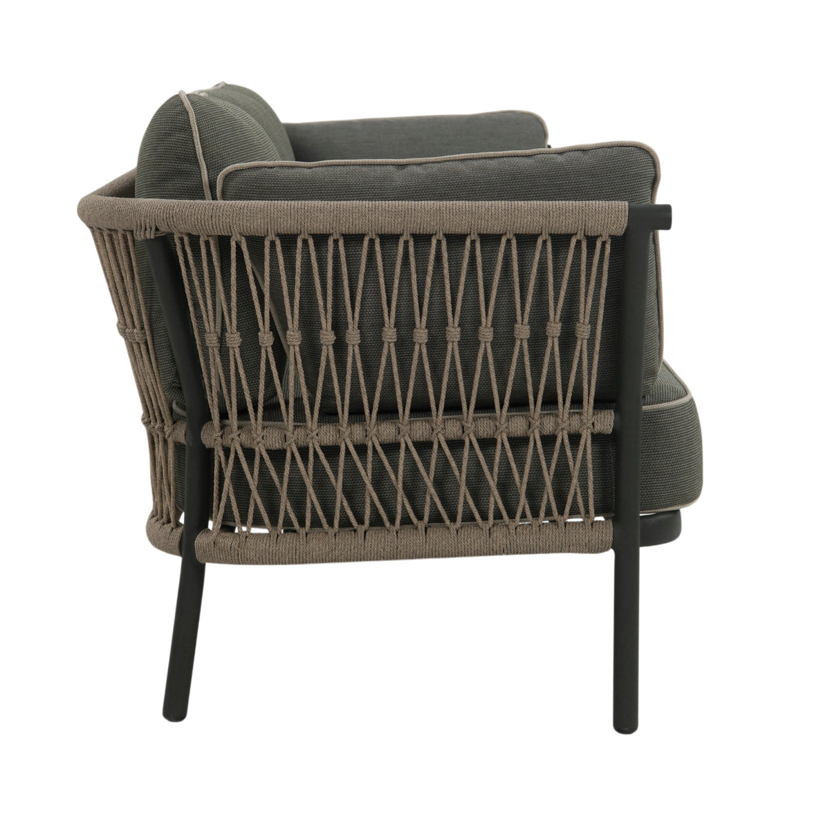 Side view of Valencia Outdoor three-seater sofa with taupe rope-woven backrest, dark aluminium frame and grey cushions with contrasting piping with white background.