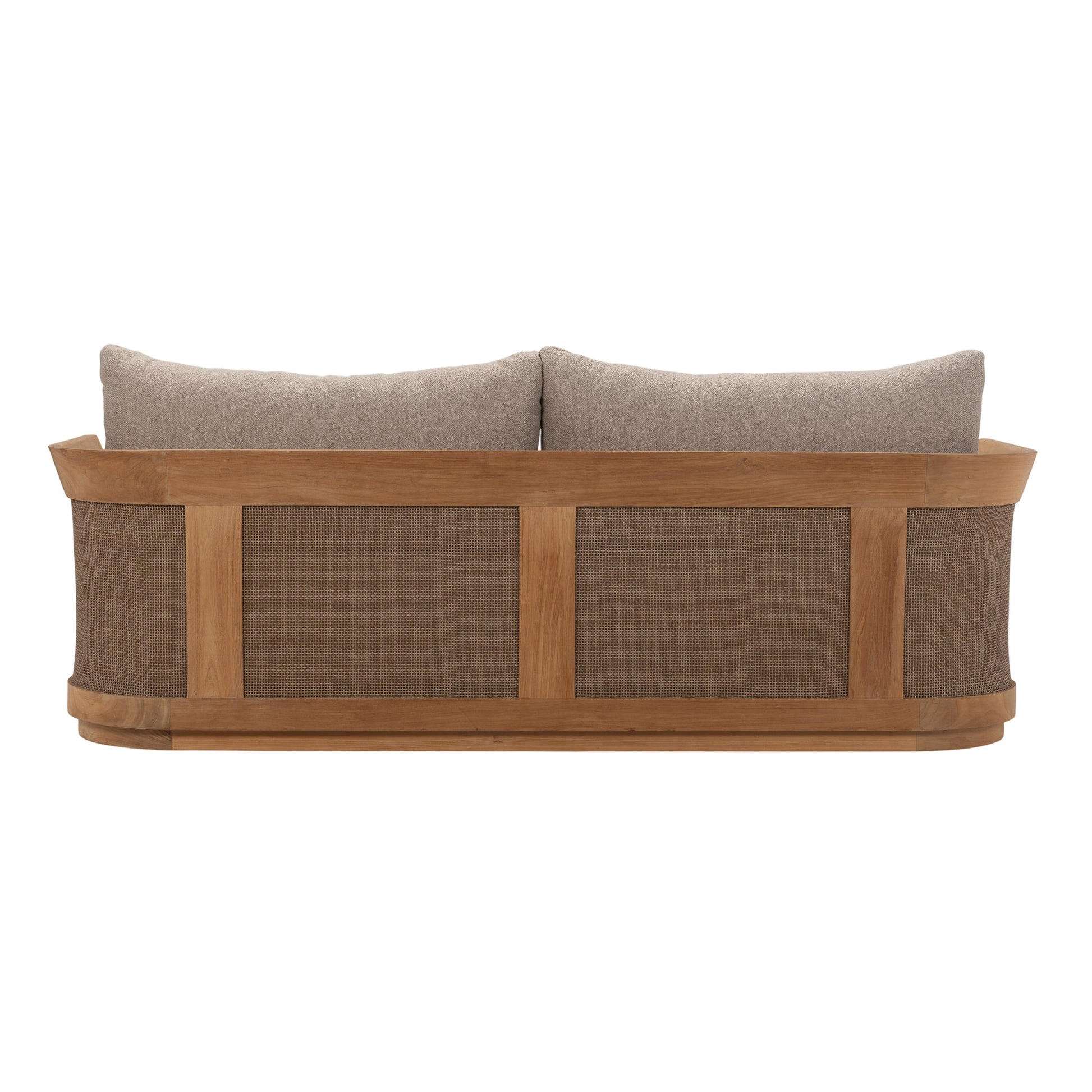 Back view of Valenti Sofa featuring wide rope weave and gently rounded timber frame
