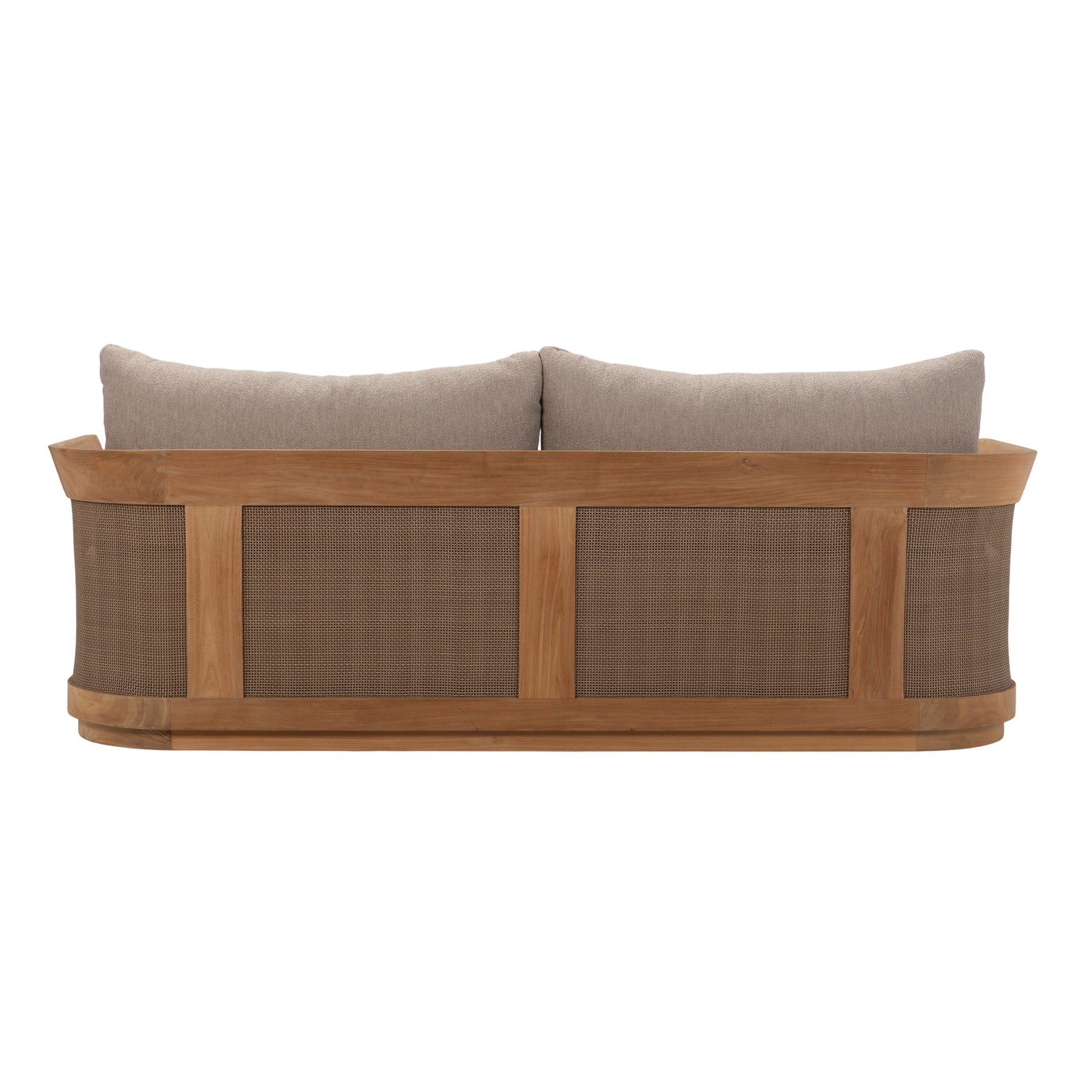 Back view of Valenti Sofa featuring wide rope weave and gently rounded timber frame