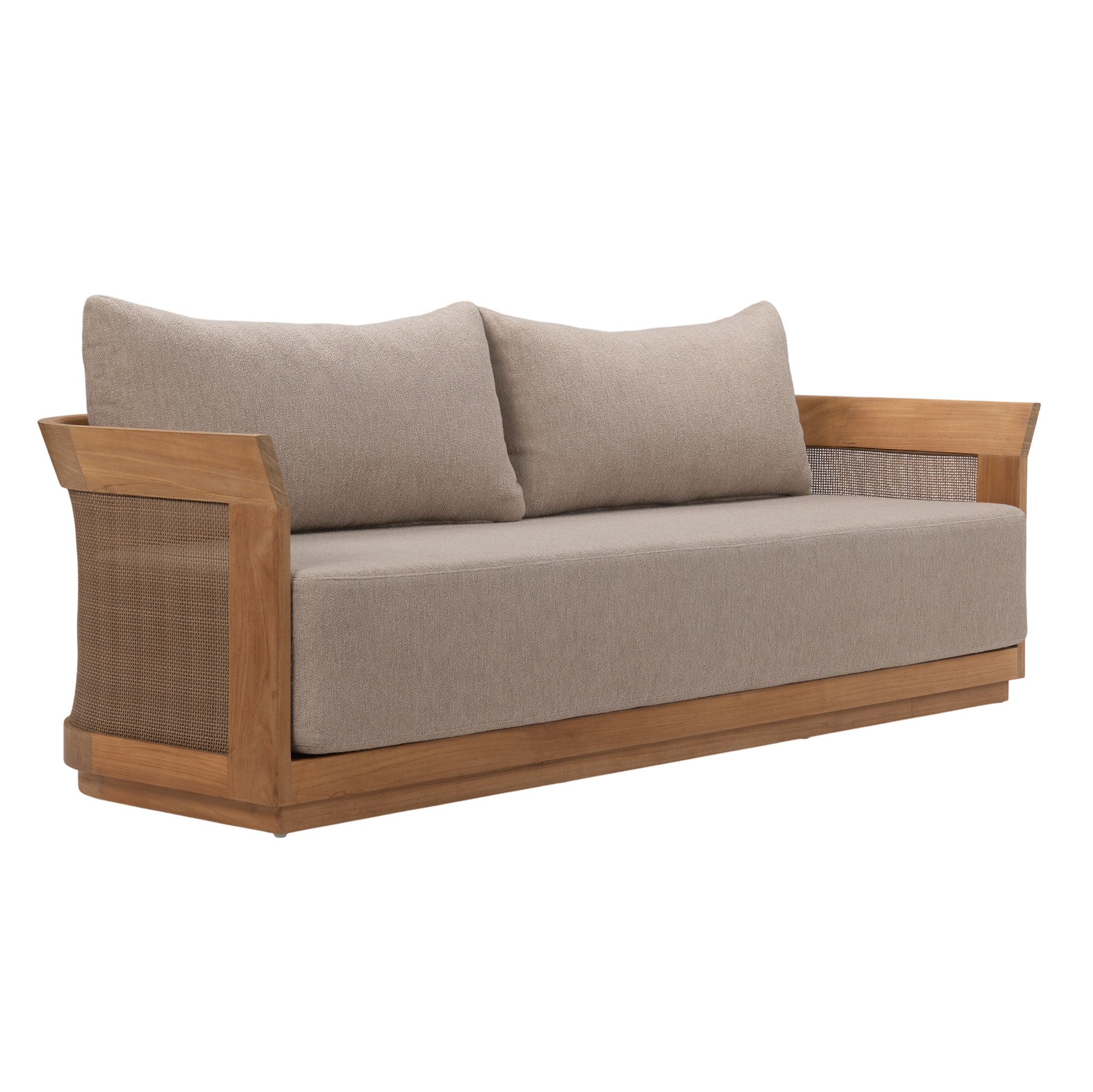 Valenti Outdoor Teak 3-Seater Sofa with curved arms and woven rope panels, angled view