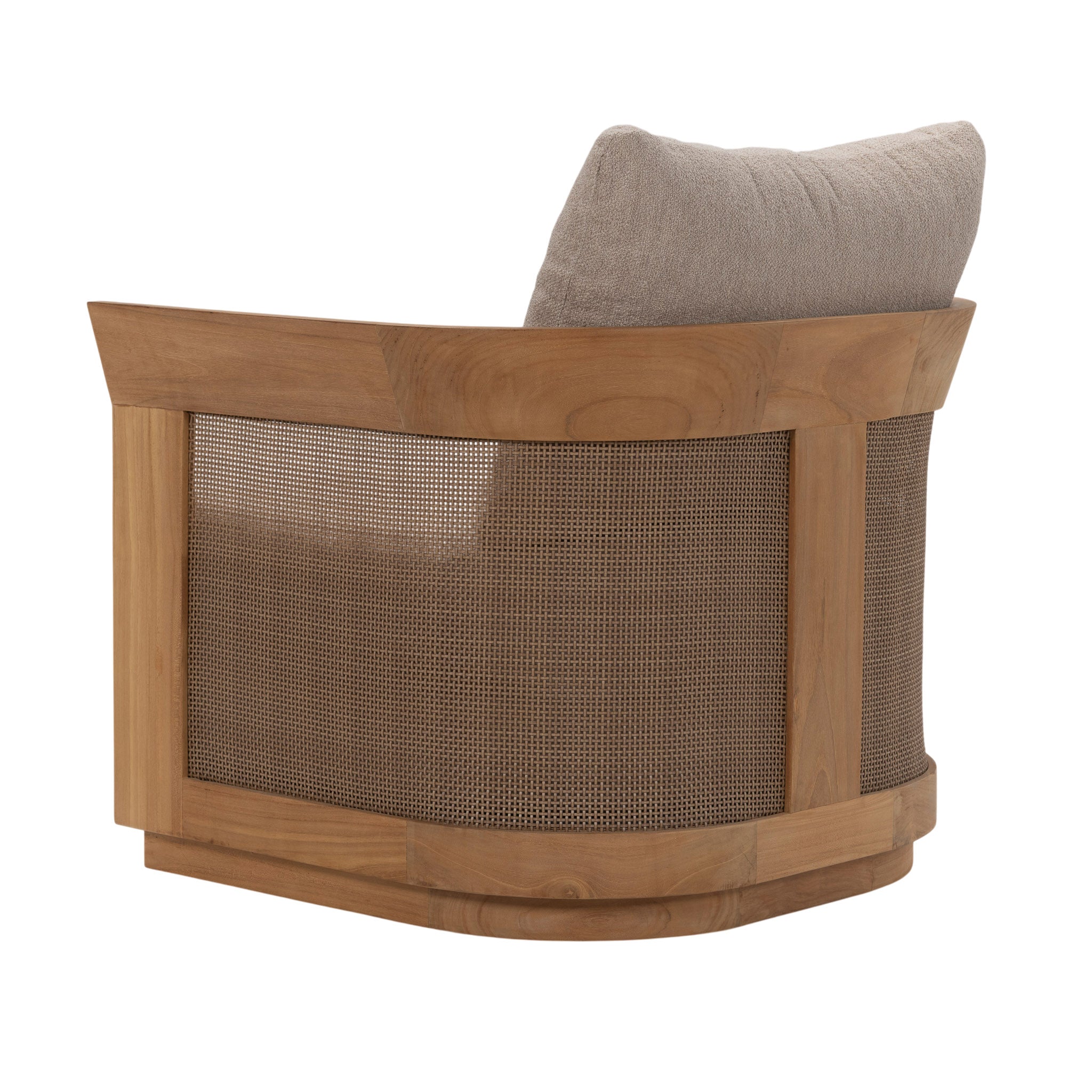 Rear angle of Valenti Chair with synthetic fibre weave and rounded timber back