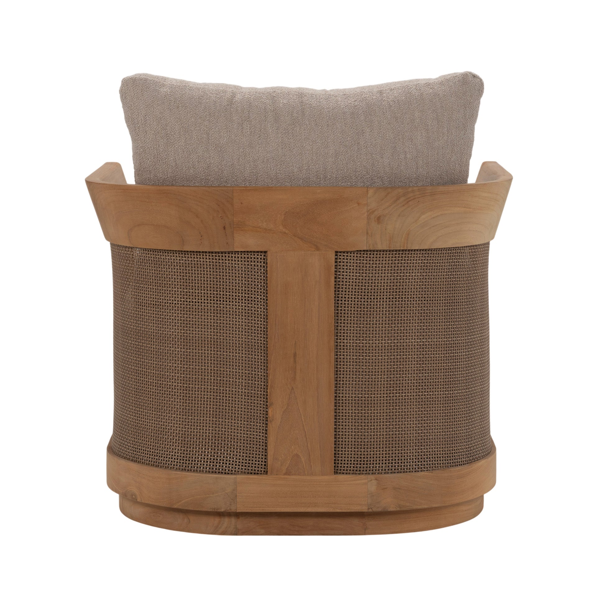 Back view of Valenti Lounge Chair featuring full-width fibre panel and curved teak support