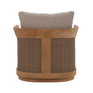 Back view of Valenti Lounge Chair featuring full-width fibre panel and curved teak support