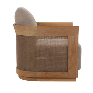 Side profile of Valenti Chair showing smooth teak structure and fibre panel insert