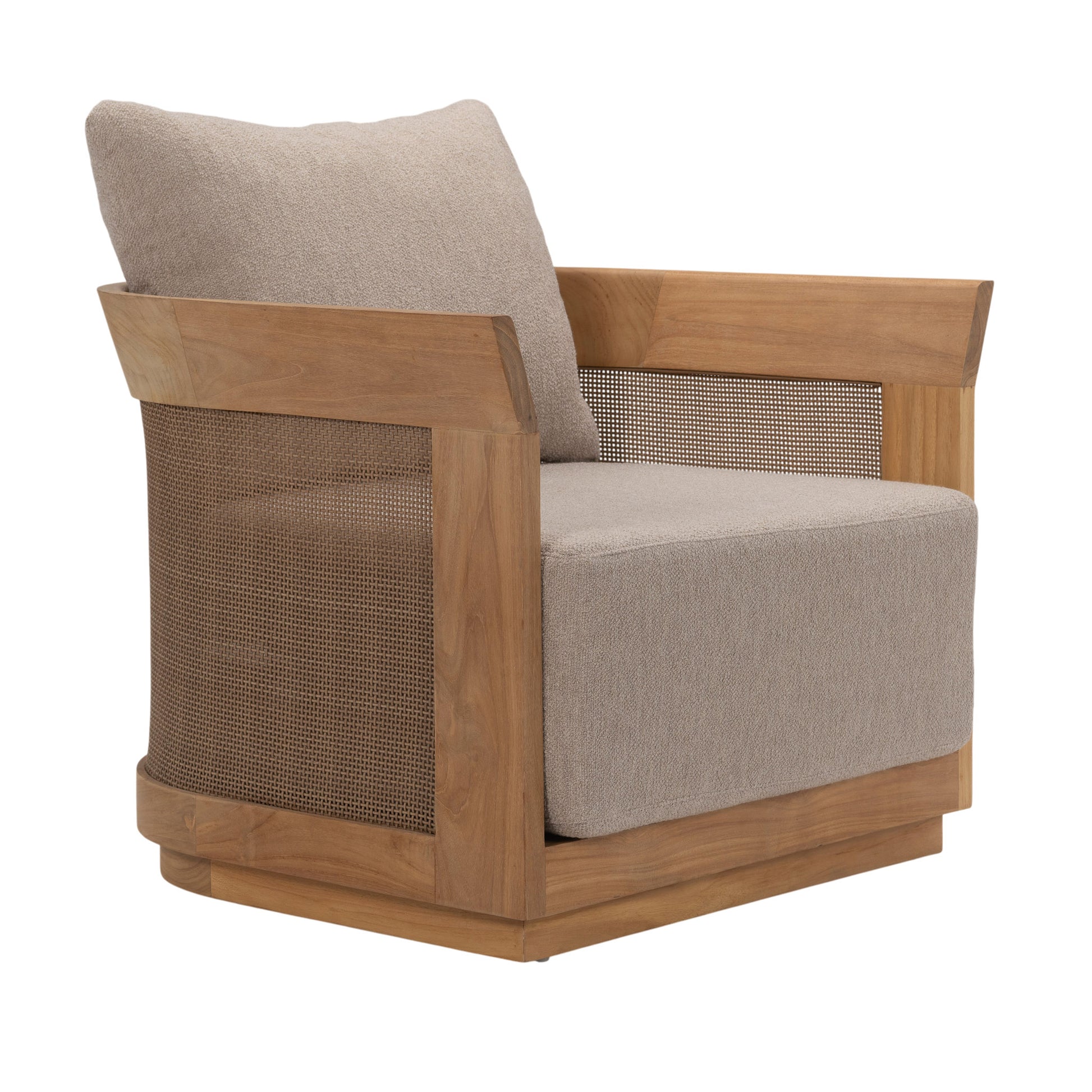 Valenti Outdoor Teak Lounge Chair with curved teak frame and woven fibre panels, angled view