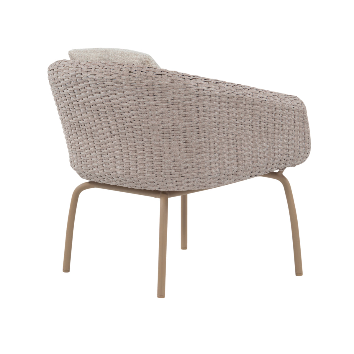 A modern woven armchair with a light beige textured wicker seat and back, supported by slim light brown wooden legs, shown from a three-quarters angle on a white background.