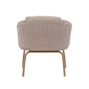 A modern outdoor armchair with a woven wicker backrest and seat cushion, supported by four tapered light brown wooden legs, shown from a straight-on perspective against a solid white background.