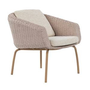 A modern outdoor armchair with a woven wicker frame, light beige textured cushions on the backrest and seat, and four tapered wooden legs, shown on a solid white background.