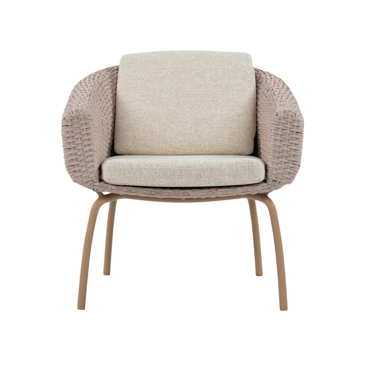 A modern outdoor armchair with woven wicker arms and backrest, upholstered in a light beige textured fabric, supported by four tapered light brown wooden legs, shown against a plain white background.
