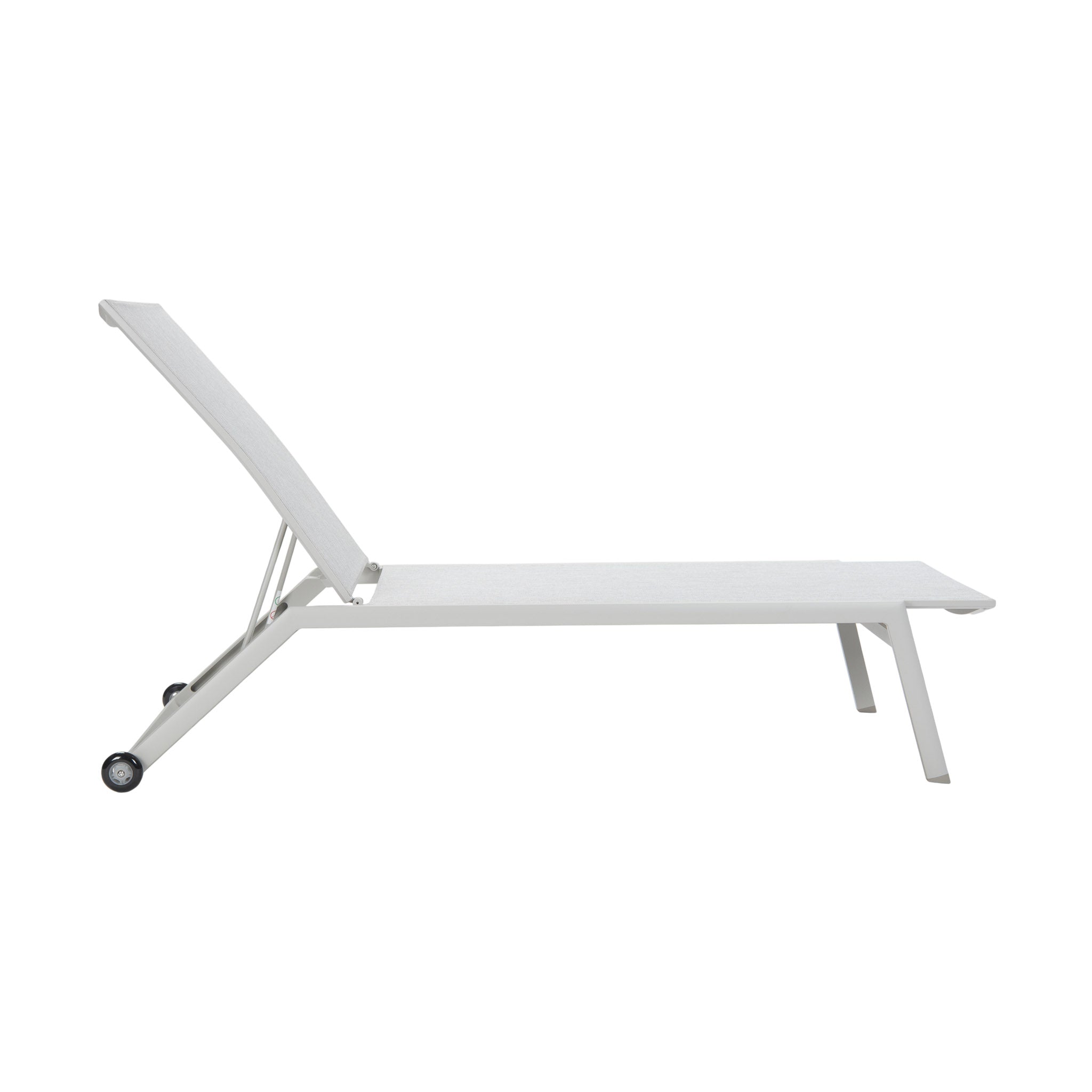 Cappuccino-coloured Vomo Lounger with breathable Textilene mesh, upright position, side view