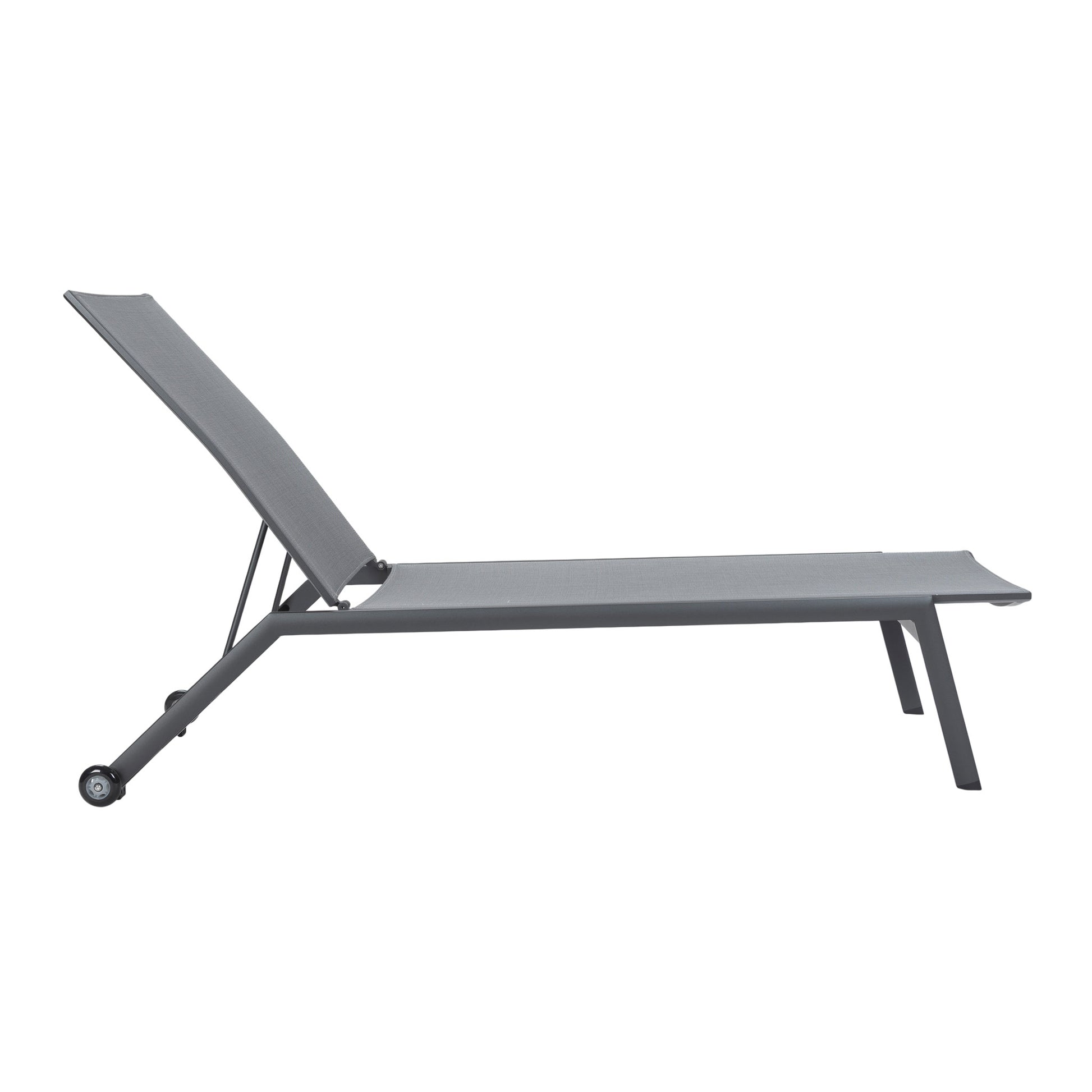 Coal-coloured Vomo Lounger with breathable Textilene mesh, side view in upright position