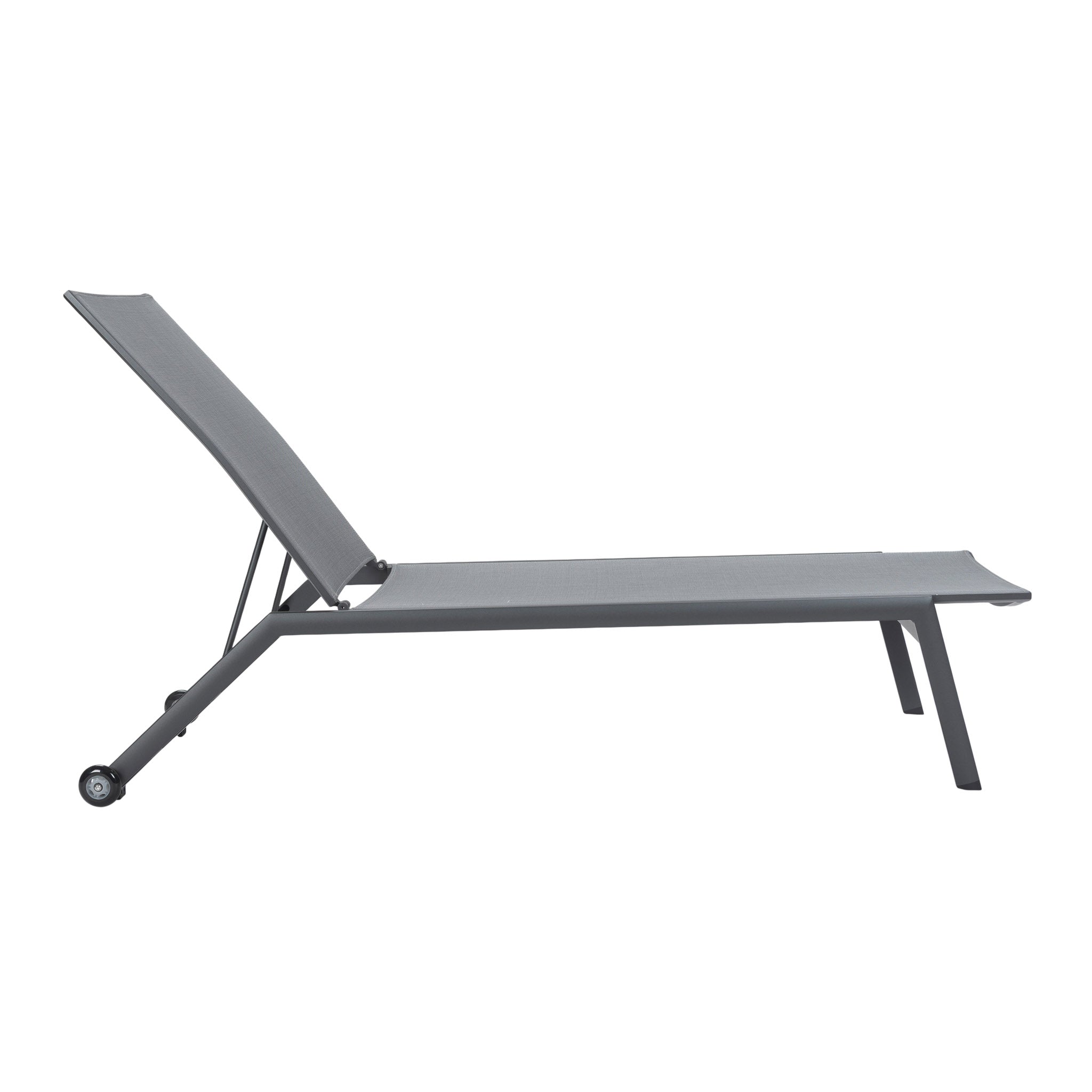 Coal-coloured Vomo Lounger with breathable Textilene mesh, side view in upright position