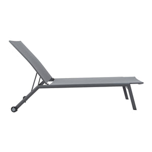 Coal-coloured Vomo Lounger with breathable Textilene mesh, side view in upright position