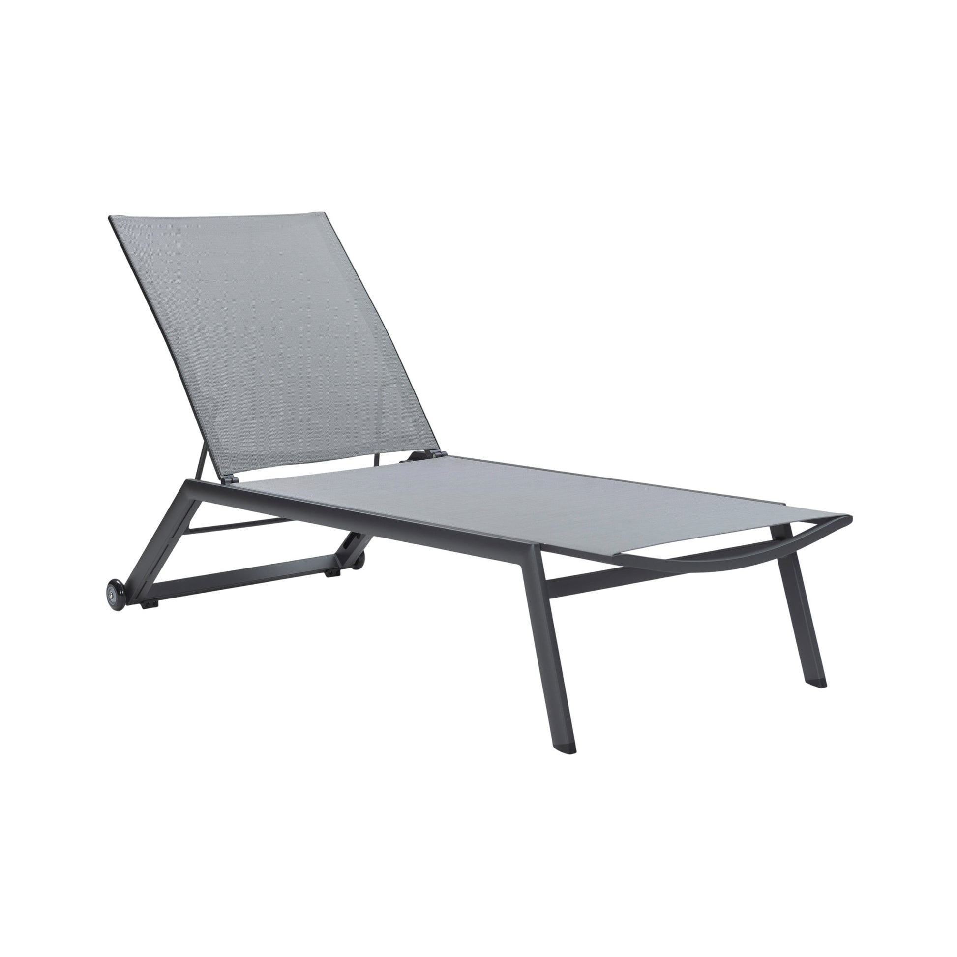 Coal-coloured Vomo Lounger with breathable Textilene mesh, upright position