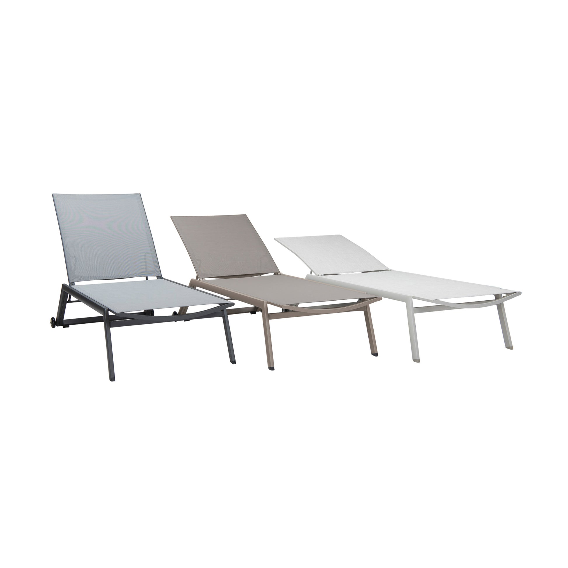 Vomo Aluminium Stackable Sun Loungers in taupe, coal, and cappuccino finishes, angled view