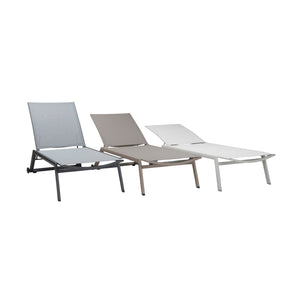 Vomo Aluminium Stackable Sun Loungers in taupe, coal, and cappuccino finishes, angled view