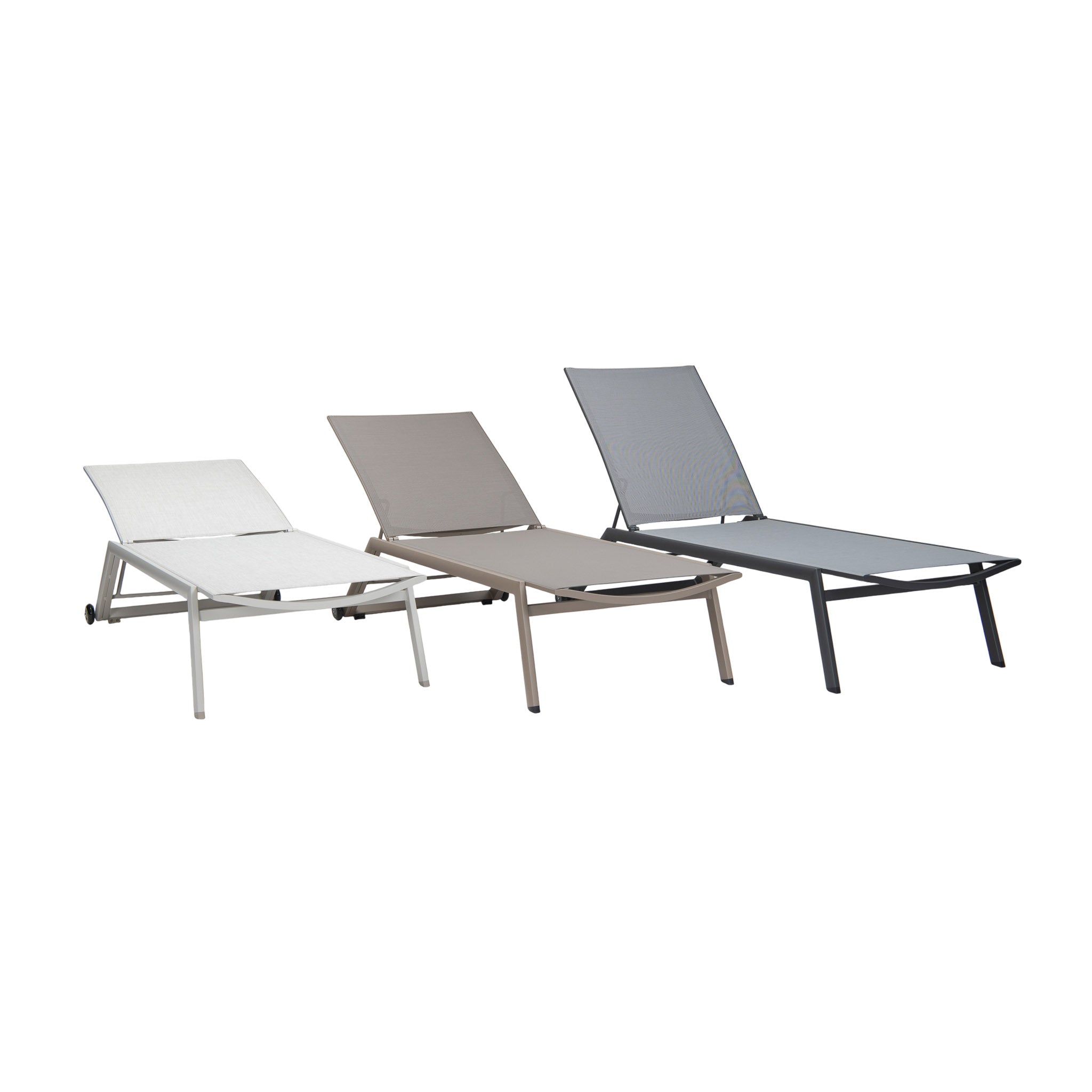Vomo Aluminium Stackable Sun Loungers in taupe, coal, and cappuccino finishes, angled view