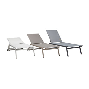 Vomo Aluminium Stackable Sun Loungers in taupe, coal, and cappuccino finishes, angled view