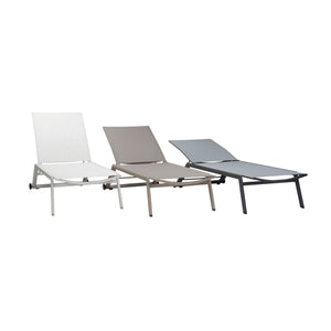 Vomo Aluminium Stackable Sun Loungers in taupe, coal, and cappuccino finishes, angled view