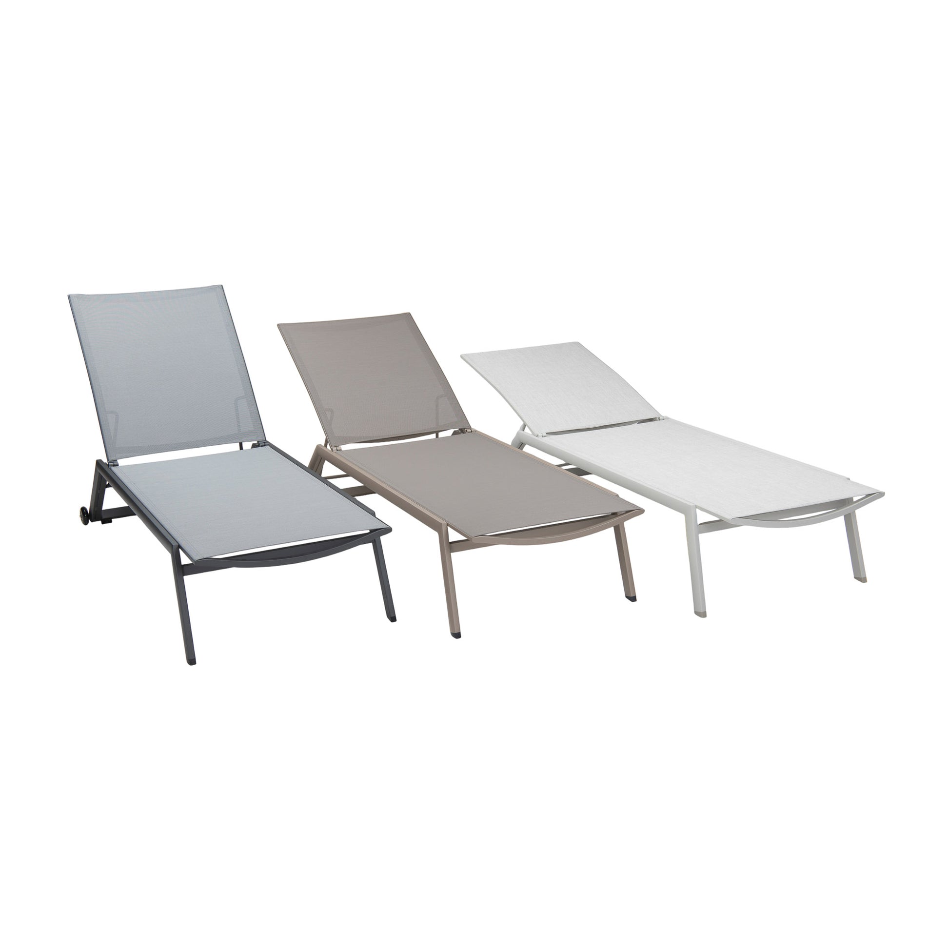 Vomo Aluminium Stackable Sun Loungers in taupe, coal, and cappuccino finishes, angled view