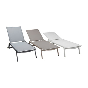 Vomo Aluminium Stackable Sun Loungers in taupe, coal, and cappuccino finishes, angled view