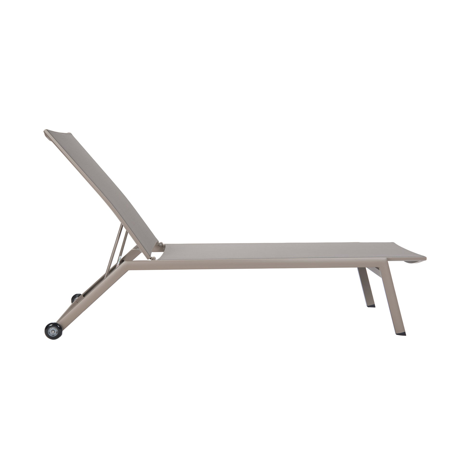 Taupe-coloured Vomo Lounger with breathable Textilene mesh, upright position, side view.