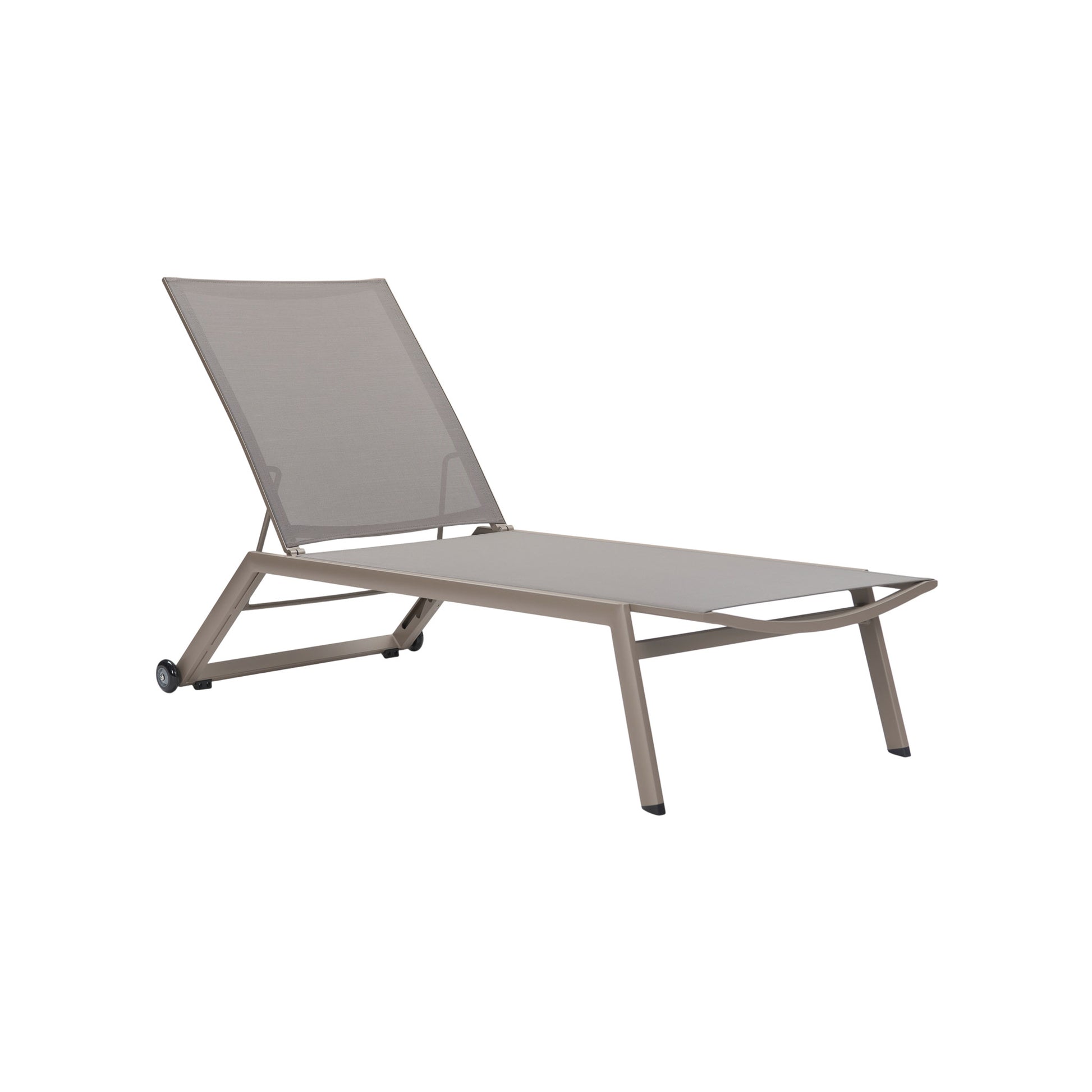 Taupe-coloured Vomo Lounger with breathable Textilene mesh, upright position